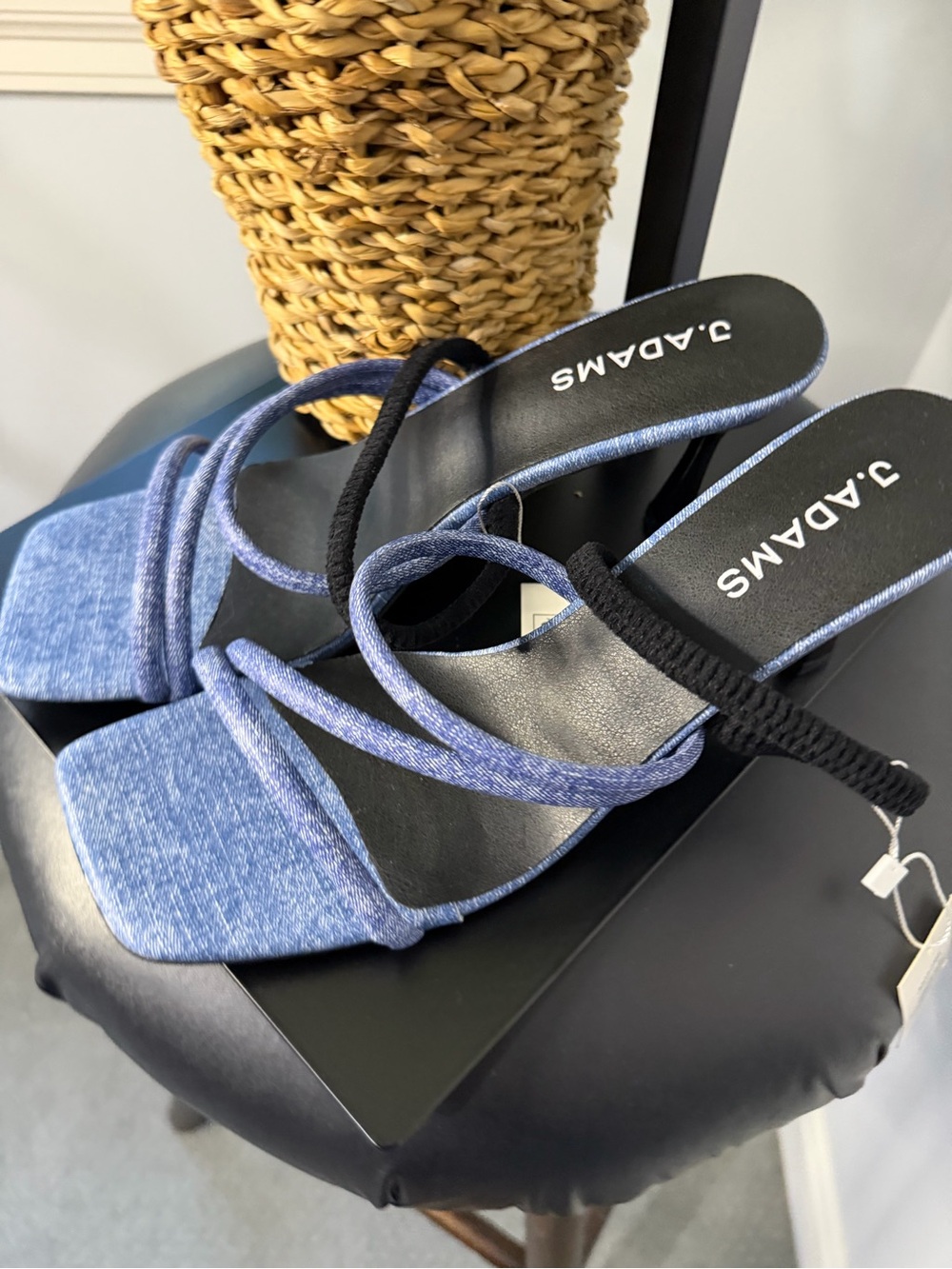 J. Adams Denim-Effect Blue Strappy Square-Toe Heels